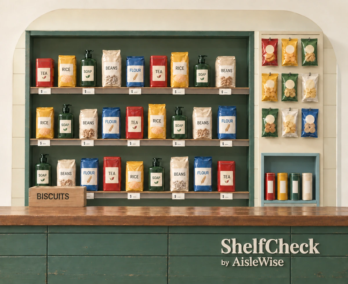 An imagined compact neighbourhood canteen with everyday groceries, hanging snacks and simple price tickets.