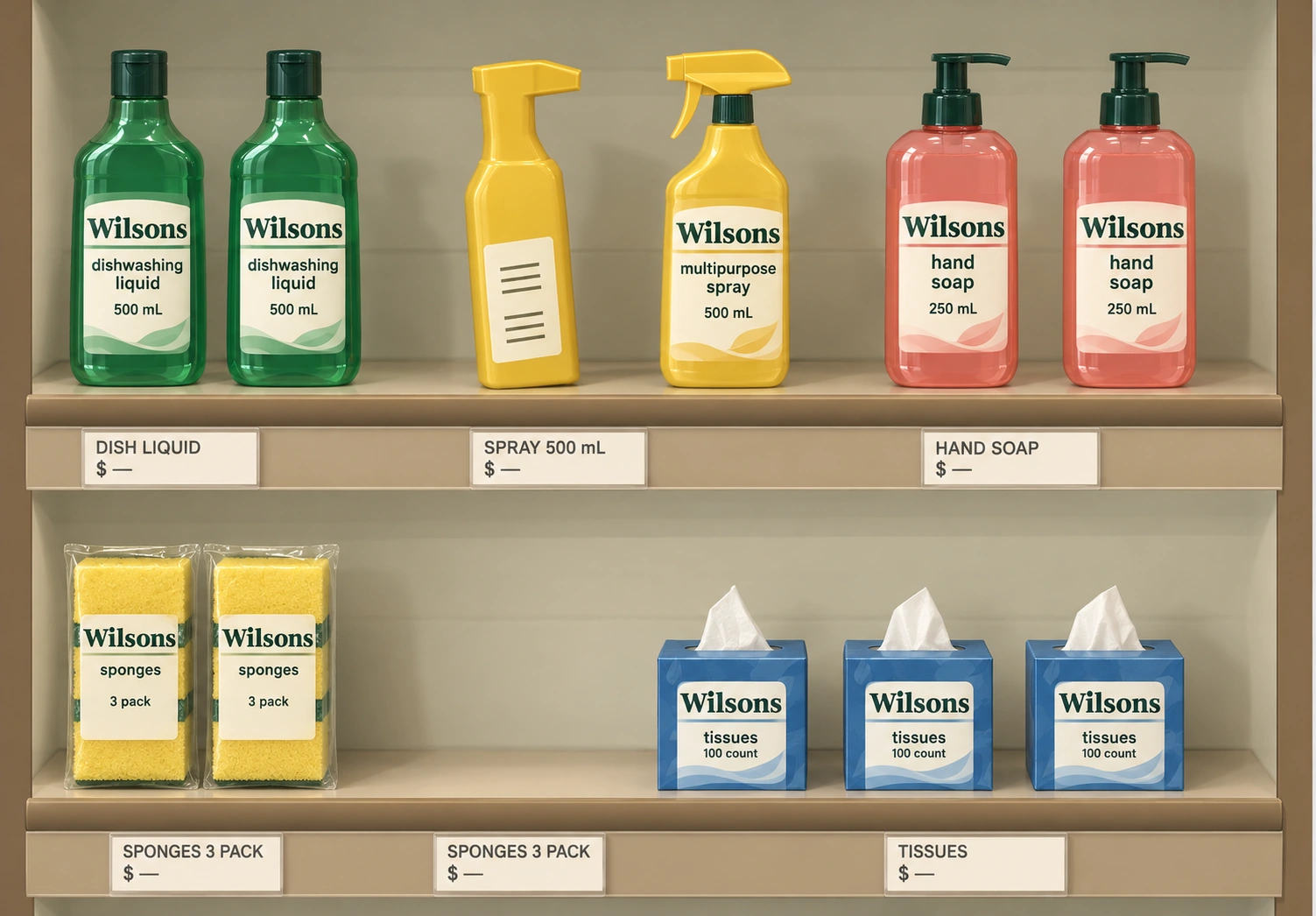 Illustrated Wilsons shelf before markers: a sideways spray bottle, an empty-looking sponges position and price tickets without prices.